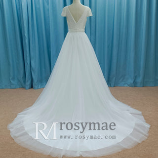 Lightweight Flowy Capped Short Sleeve A-line Tulle Wedding Dress with Vneck - Rosymae