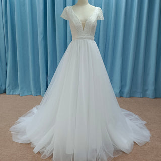 Lightweight Flowy Capped Short Sleeve A-line Tulle Wedding Dress with Vneck - Rosymae