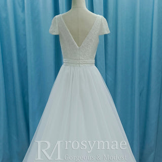 Lightweight Flowy Capped Short Sleeve A-line Tulle Wedding Dress with Vneck - Rosymae