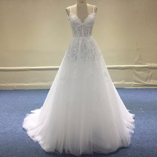 Lightweight Lace Bodice Spaghetti Strap A Line Sheer Beach Wedding Dress - Rosymae