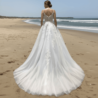 Lightweight Lace Bodice Spaghetti Strap A Line Sheer Beach Wedding Dress - Rosymae