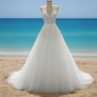 Lightweight Lace Bodice Spaghetti Strap A Line Sheer Beach Wedding Dress - Rosymae