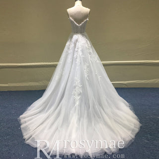Lightweight Lace Bodice Spaghetti Strap A Line Sheer Beach Wedding Dress - Rosymae