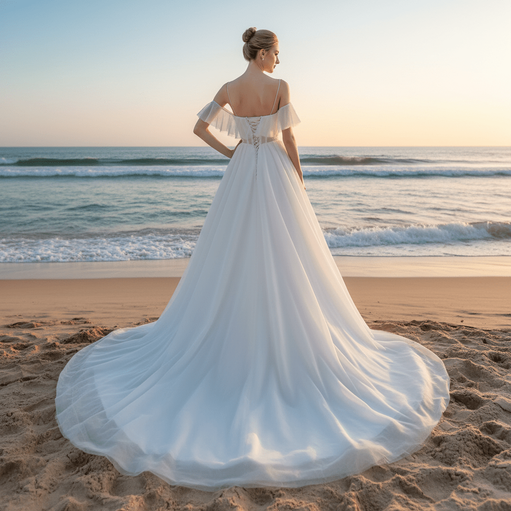 Lightweight Tulle A Line Skirt Wedding Dress with Spaghetti Straps - Rosymae