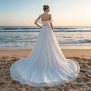 Lightweight Tulle A Line Skirt Wedding Dress with Spaghetti Straps - Rosymae