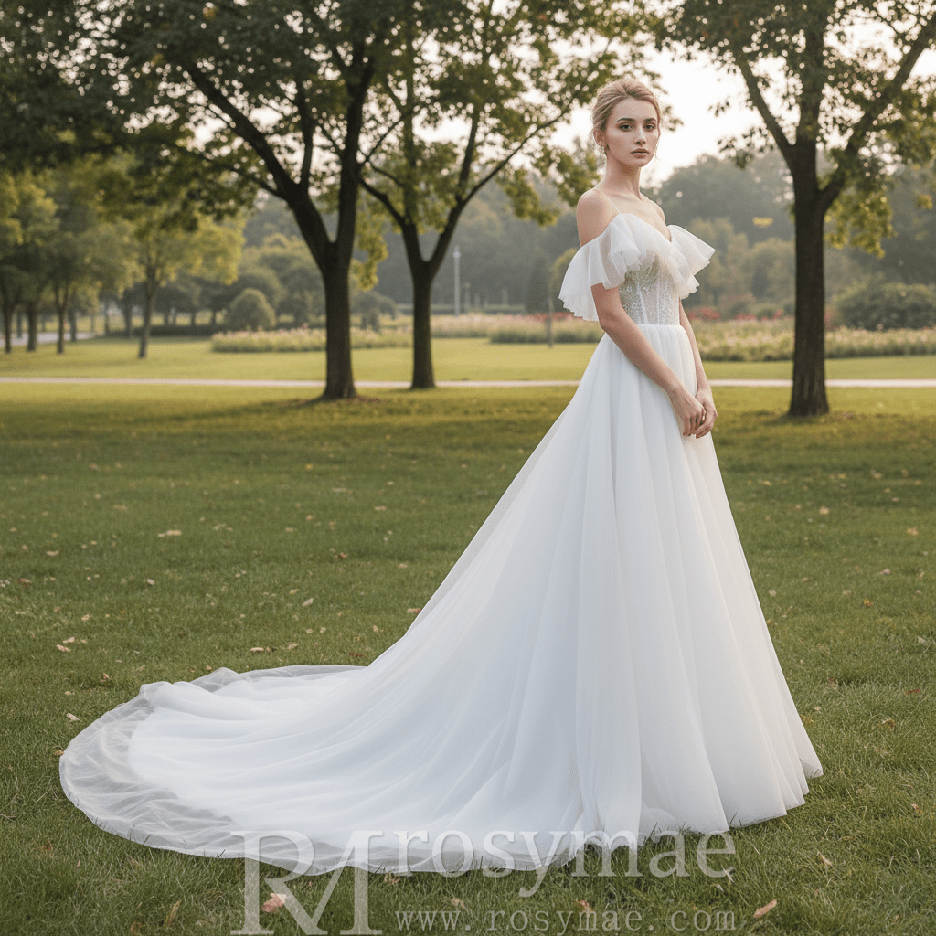 Lightweight Tulle A Line Skirt Wedding Dress with Spaghetti Straps - Rosymae