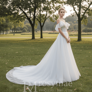 Lightweight Tulle A Line Skirt Wedding Dress with Spaghetti Straps - Rosymae