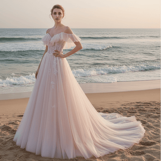 Lightweight Tulle A Line Skirt Wedding Dress with Spaghetti Straps - Rosymae