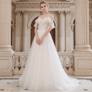 Lightweight Tulle A Line Skirt Wedding Dress with Spaghetti Straps - Rosymae