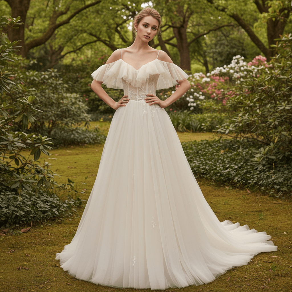 Lightweight Tulle A Line Skirt Wedding Dress with Spaghetti Straps - Rosymae