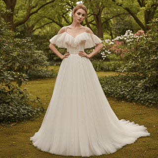 Lightweight Tulle A Line Skirt Wedding Dress with Spaghetti Straps - Rosymae