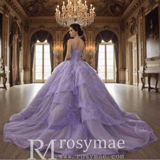 Lilac Ball Gown Sweetheart Tiered Ruffled Tulle Skirt Quinceañera Dress - Rosymae