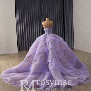 Lilac Ball Gown Sweetheart Tiered Ruffled Tulle Skirt Quinceañera Dress - Rosymae