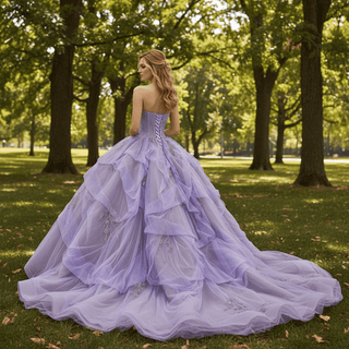 Lilac Ball Gown Sweetheart Tiered Ruffled Tulle Skirt Quinceañera Dress - Rosymae