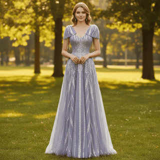 Lilac Sequin Formal Dress Prom Evening Party Gown with Capped Sleeve - Rosymae
