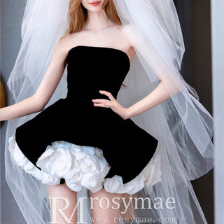 Short Little Velvet Wedding Dress with Handmae Rose Flower