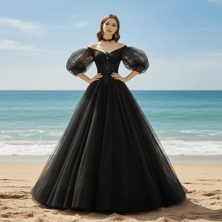 Little Black Bridal Gown Wedding Dress with Half and Puffy Sleeve - Rosymae