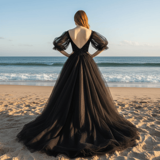Little Black Bridal Gown Wedding Dress with Half and Puffy Sleeve - Rosymae