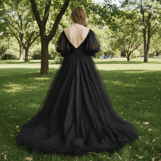 Little Black Bridal Gown Wedding Dress with Half and Puffy Sleeve - Rosymae