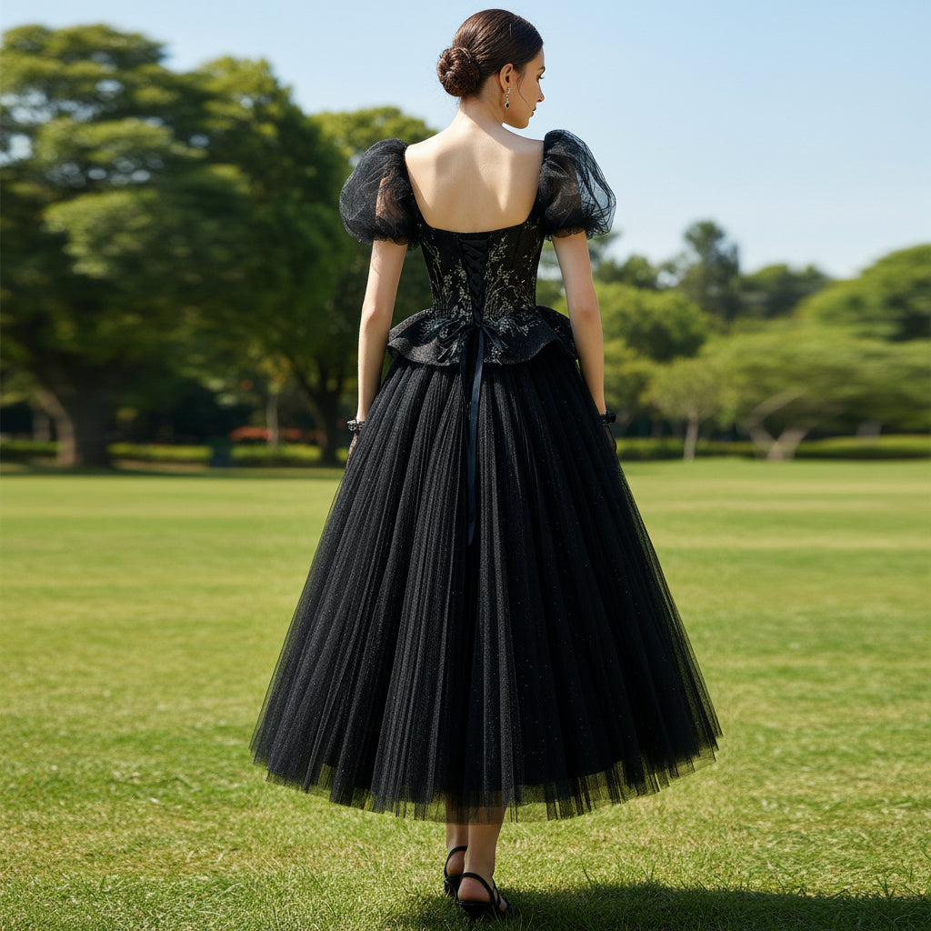 Teal Length Square Neck Black Wedding Dress with Short Sleeve Rosymae Teal Length Square Neck Black Wedding Dress with Short Sleeve Rosymae