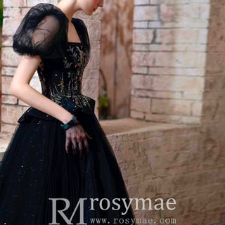 Teal Length Square Neck Black Wedding Dress with Short Sleeve