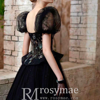 Teal Length Square Neck Black Wedding Dress with Short Sleeve
