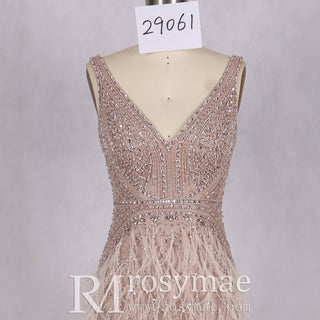 Long Glitter Crystals Feather Mermaid Prom Dress Formal Evening Gown - Rosymae