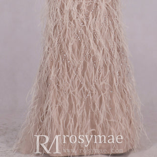 Long Glitter Crystals Feather Mermaid Prom Dress Formal Evening Gown - Rosymae