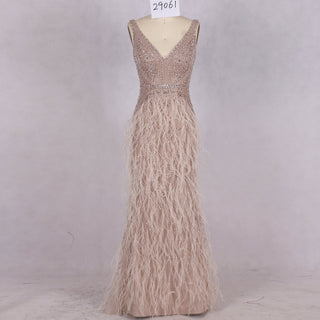 Long Glitter Crystals Feather Mermaid Prom Dress Formal Evening Gown - Rosymae