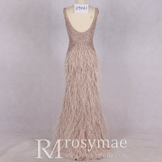 Long Glitter Crystals Feather Mermaid Prom Dress Formal Evening Gown - Rosymae