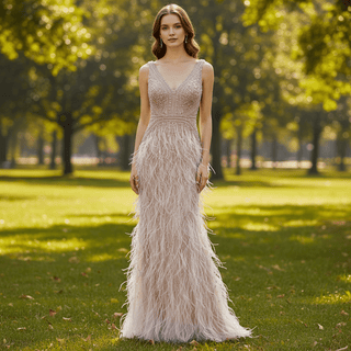Long Glitter Crystals Feather Mermaid Prom Dress Formal Evening Gown - Rosymae