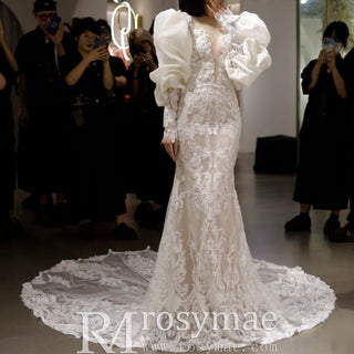 Princess Long Lantern Sleeve Lace Mermaid Wedding Dress