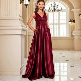 Long Maxi Dress Formal Prom Gown With V-Neckline And Pockets - Rosymae