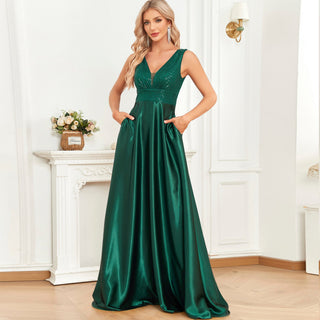 Long Maxi Dress Formal Prom Gown With V-Neckline And Pockets - Rosymae