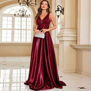 Long Maxi Dress Formal Prom Gown With V-Neckline And Pockets - Rosymae