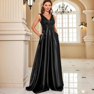 Long Maxi Dress Formal Prom Gown With V-Neckline And Pockets - Rosymae