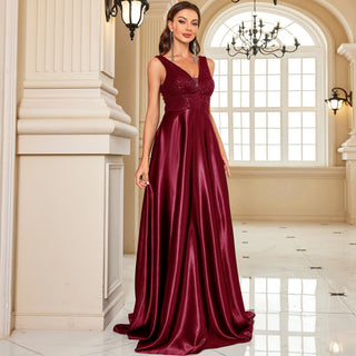 Long Maxi Dress Formal Prom Gown With V-Neckline And Pockets - Rosymae