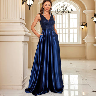 Long Maxi Dress Formal Prom Gown With V-Neckline And Pockets - Rosymae