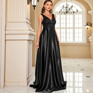 Long Maxi Dress Formal Prom Gown With V-Neckline And Pockets - Rosymae