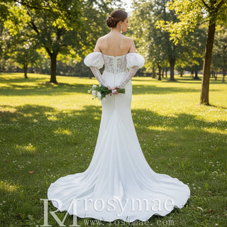 Long Puff Sleeve Princess Mermaid Wedding Dress Off shoulder Sweetheart Neck - Rosymae