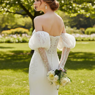 Long Puff Sleeve Princess Mermaid Wedding Dress Off shoulder Sweetheart Neck - Rosymae