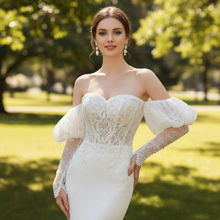 Long Puff Sleeve Princess Mermaid Wedding Dress Off shoulder Sweetheart Neck - Rosymae