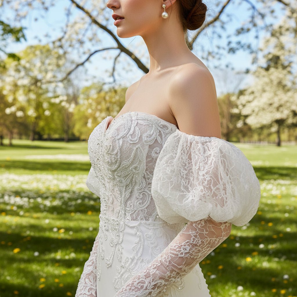 Long Puff Sleeve Princess Mermaid Wedding Dress Off shoulder Sweetheart Neck - Rosymae