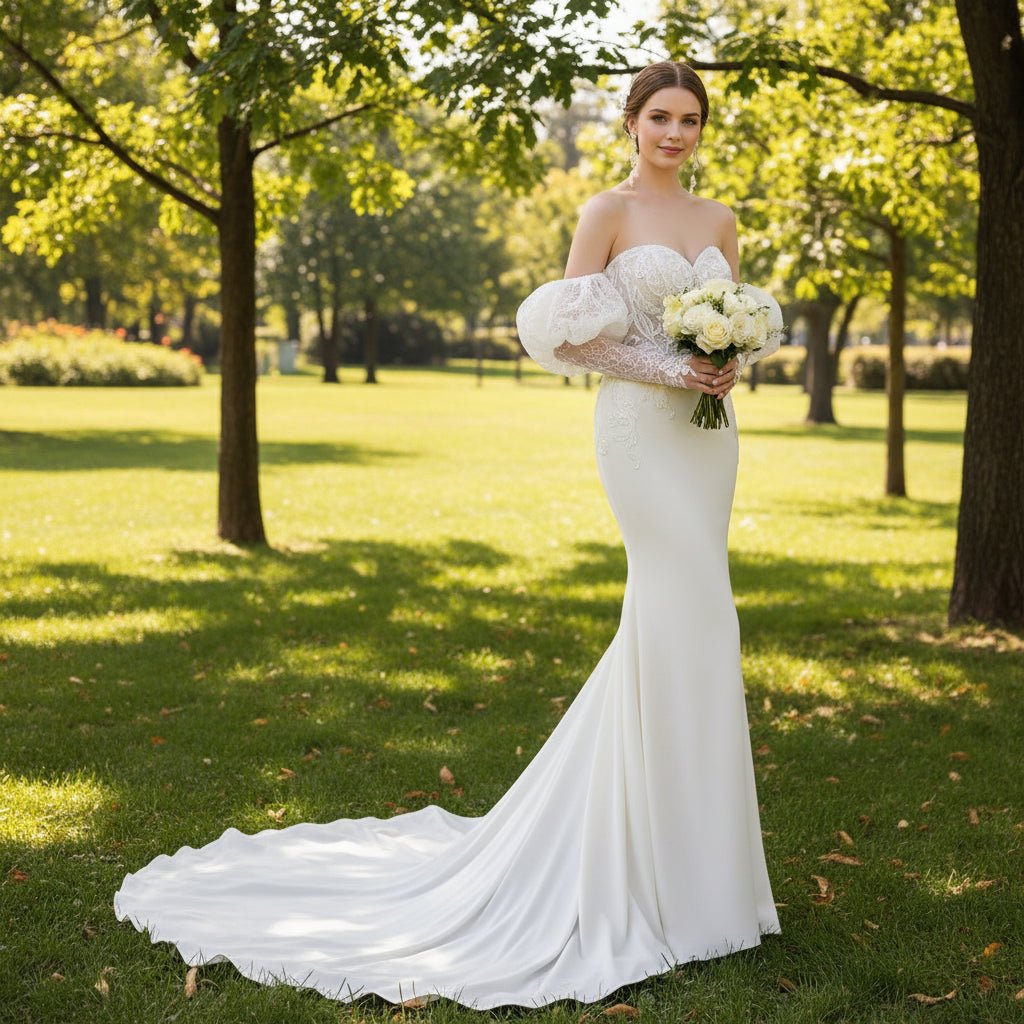 Long Puff Sleeve Princess Mermaid Wedding Dress Off shoulder Sweetheart Neck - Rosymae