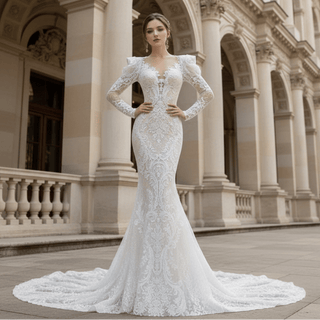 Long Puffy Sleeve Lace Mermaid Sheer Wedding Dress Bridal Gown - Rosymae