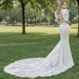 Long Puffy Sleeve Lace Mermaid Sheer Wedding Dress Bridal Gown - Rosymae