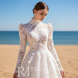 Long Puffy Sleeve Wedding Dress with O Neckline - Rosymae
