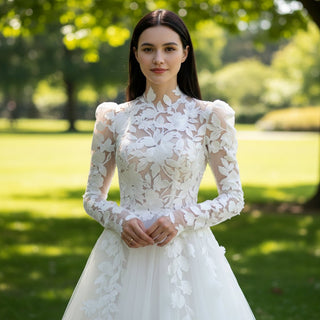 Long Puffy Sleeve Wedding Dress with O Neckline - Rosymae