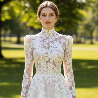 Long Puffy Sleeve Wedding Dress with O Neckline - Rosymae