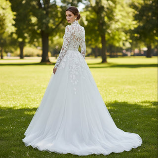 Long Puffy Sleeve Wedding Dress with O Neckline - Rosymae